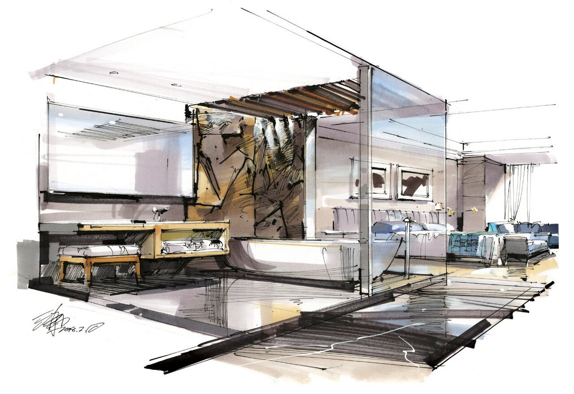 名家手绘效果图100例-【105】单身公寓设计 国内顶级马克笔表现专家