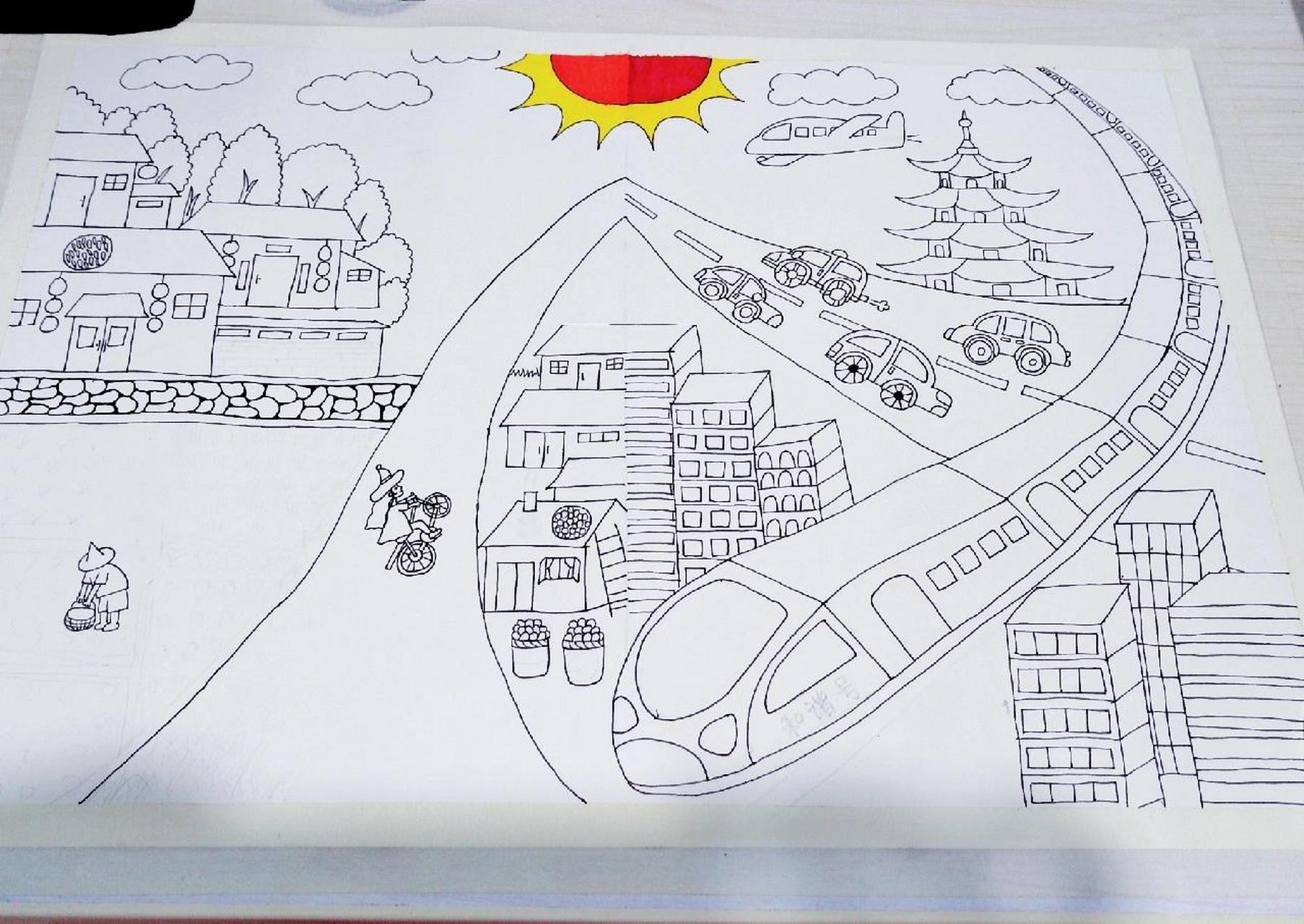 幼儿园绘画作业《家乡的变化》 美丽的家乡 左边,农田菜地矮房子小路