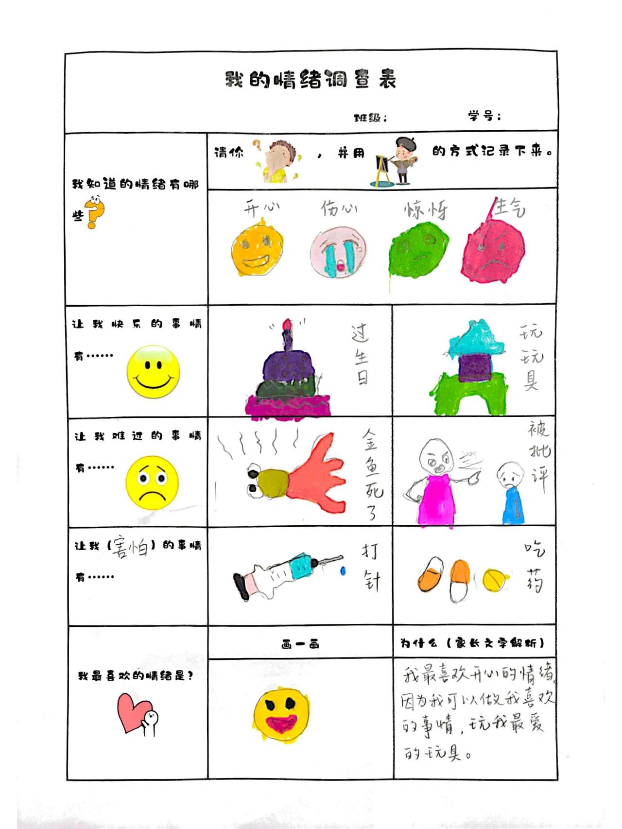 幼儿园绘画作业之情绪调查表