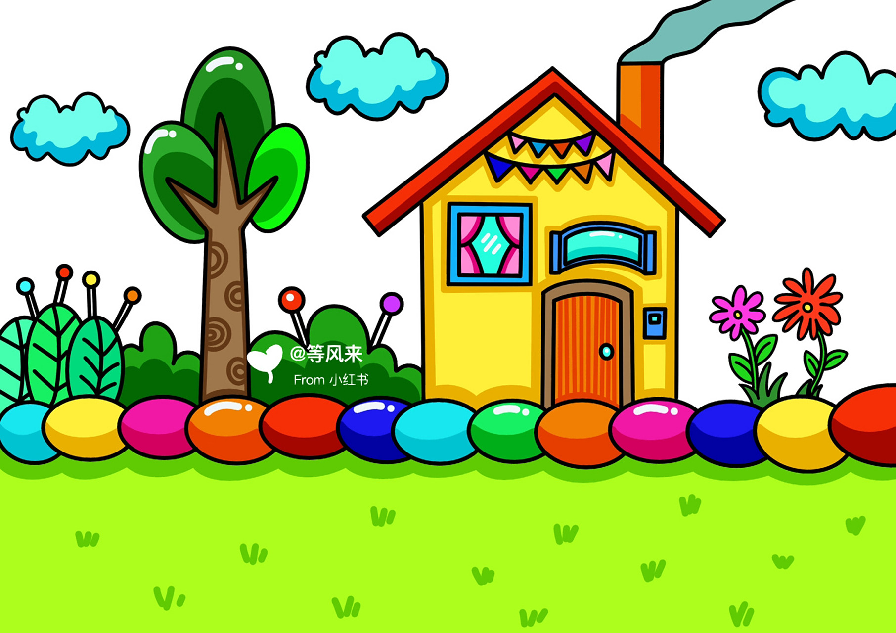 漂亮的房子 大树99 儿童画 创意画 简笔画 带线稿哦 #创意美术儿童