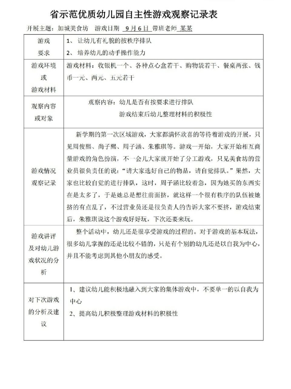 幼儿园大班自主性游戏观察记录表80篇 幼儿园大班自主性游戏观察记录