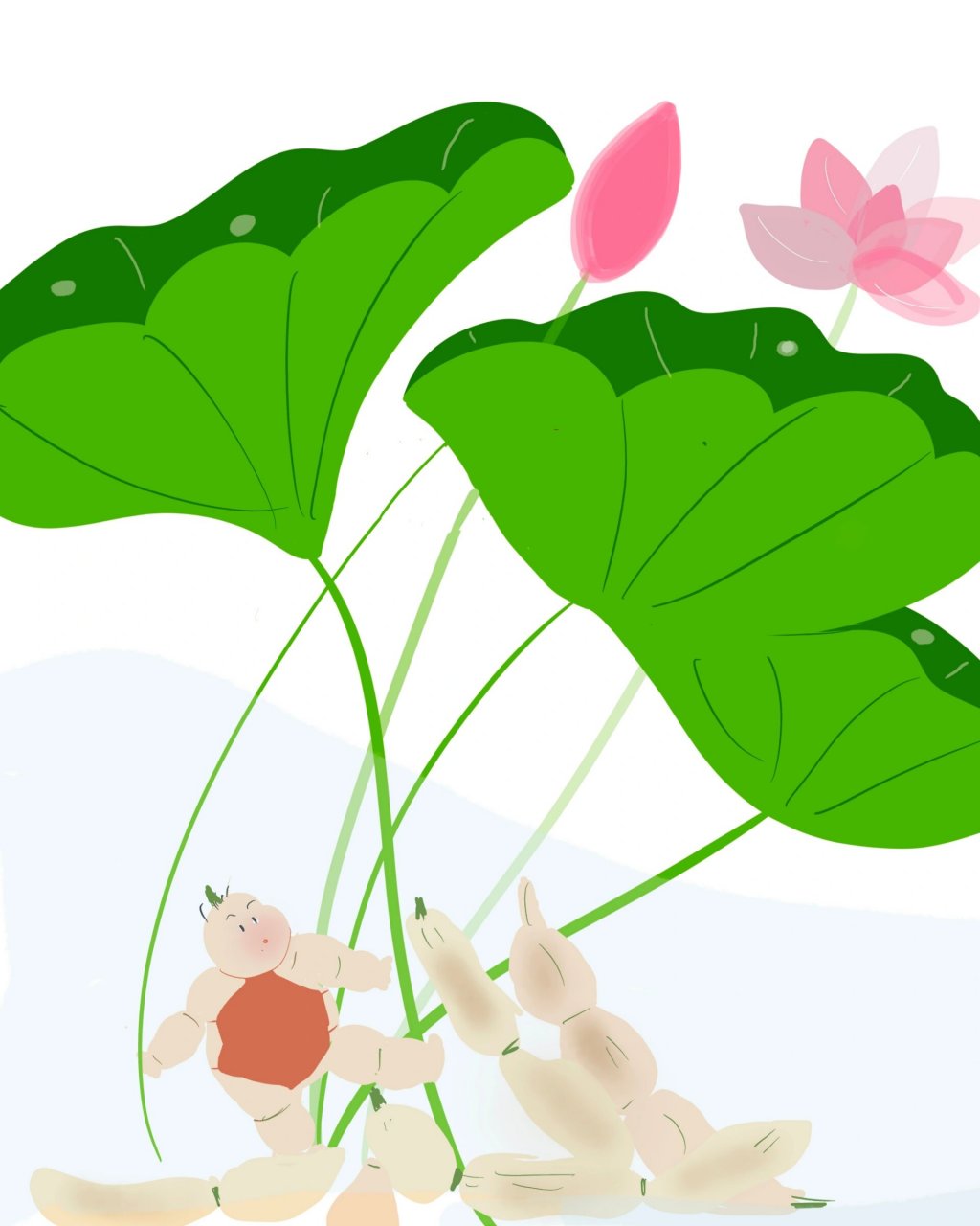 家有藕娃娃 昨天哪个朋友说画藕胳膊藕腿,倒给了我灵感.画了个藕娃娃.