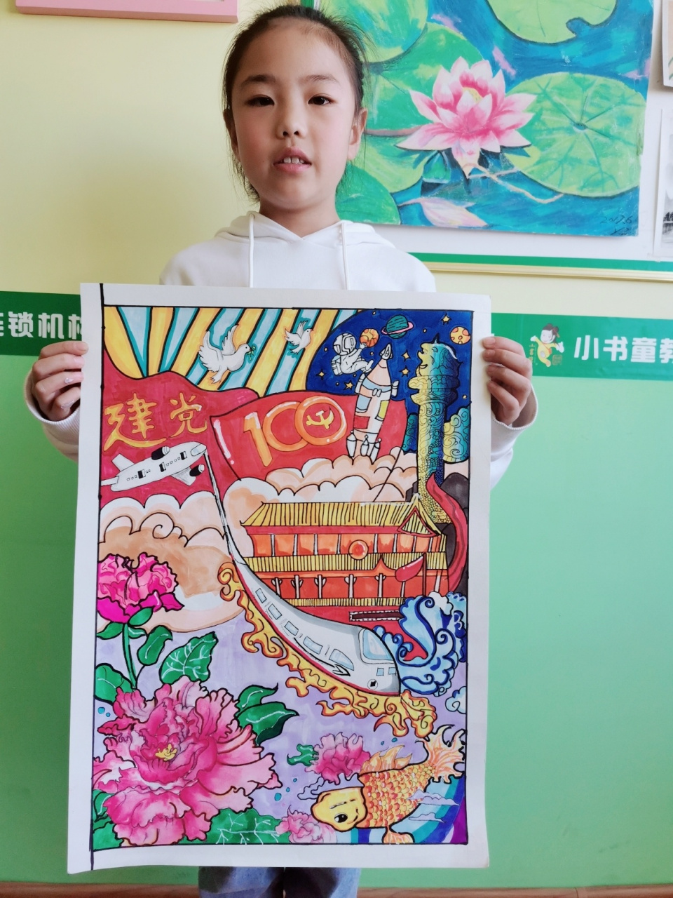 建党周年主题绘画 孩子画的很认真,最后效果也很惊艳吧?都是初学者呢