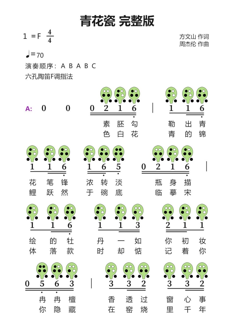 《青花瓷》6孔陶笛曲谱 欢迎一起交流陶笛心得 需要更多曲谱欢迎留言 