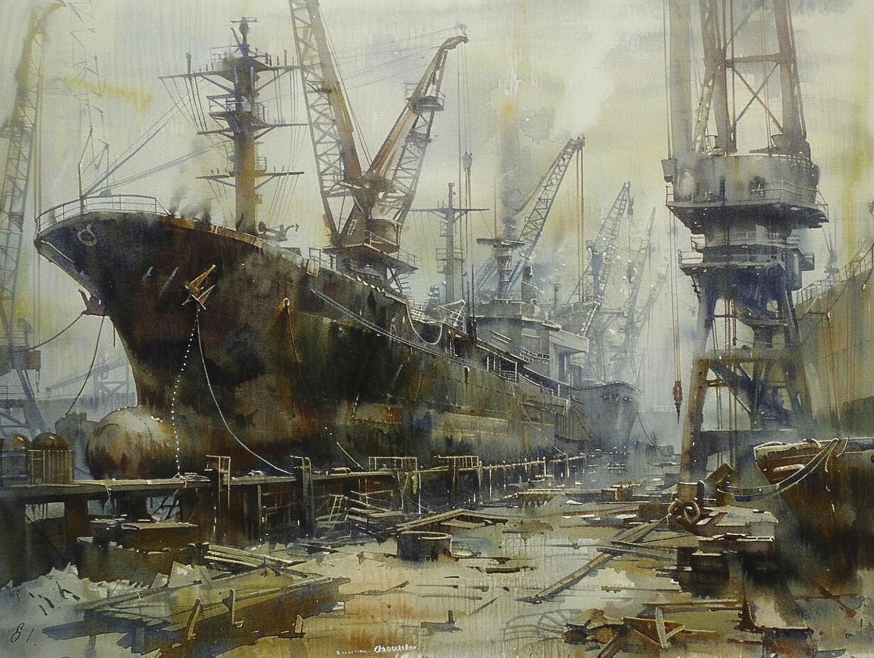 ai水彩|繁忙的造船厂