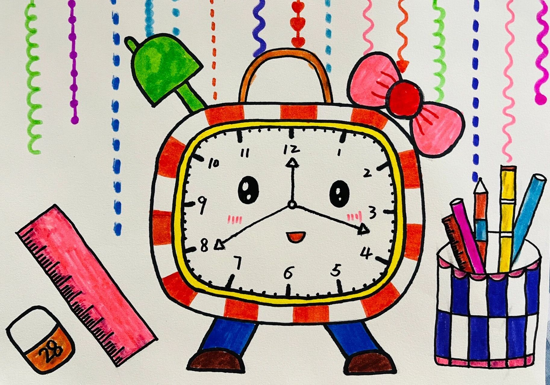 大班创意美术绘画《可爱的小闹钟74》 今天课程的主题是:《可爱的小
