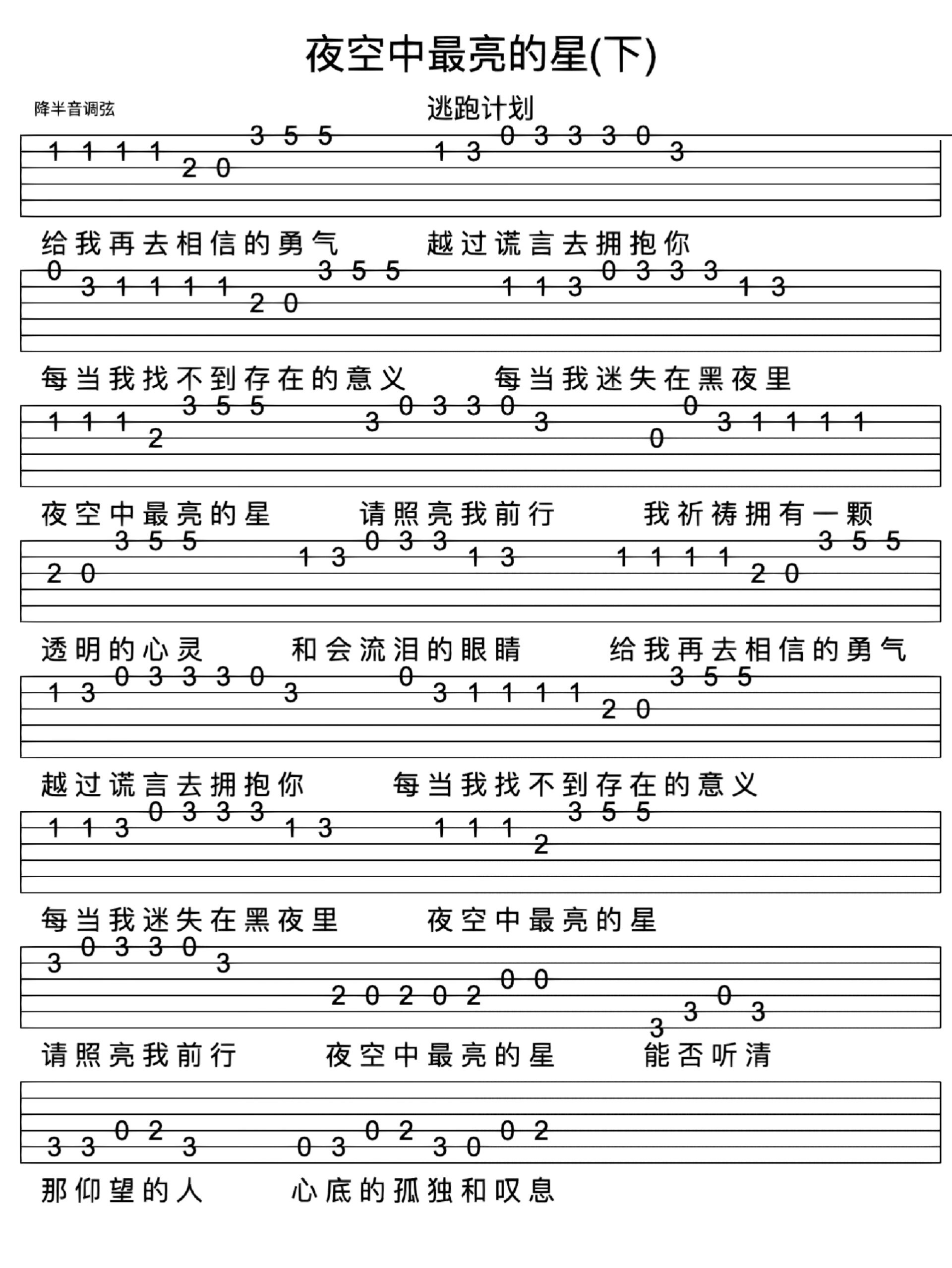 逃跑计划《夜空中最亮的星》新手指弹吉他谱