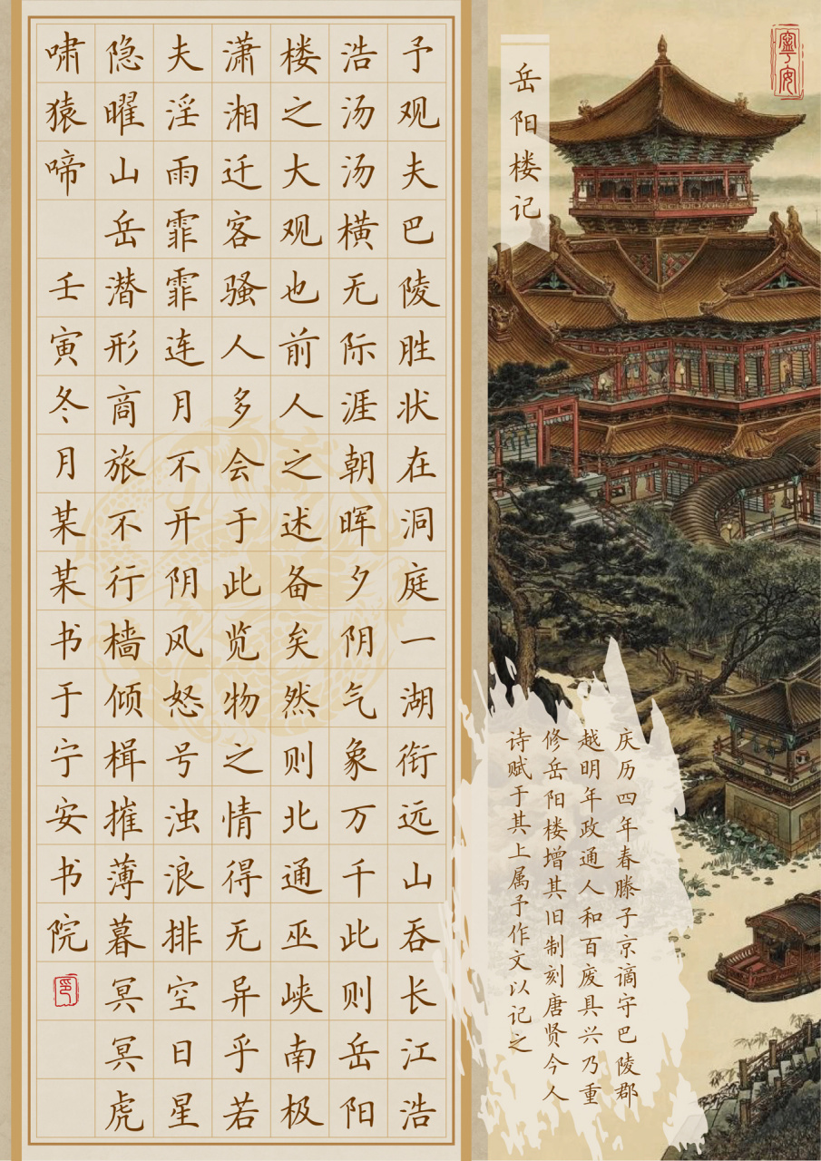 「岳阳楼记」|100张古风硬笔书法作品纸1/100 a4高清电子版 1.5cm方格