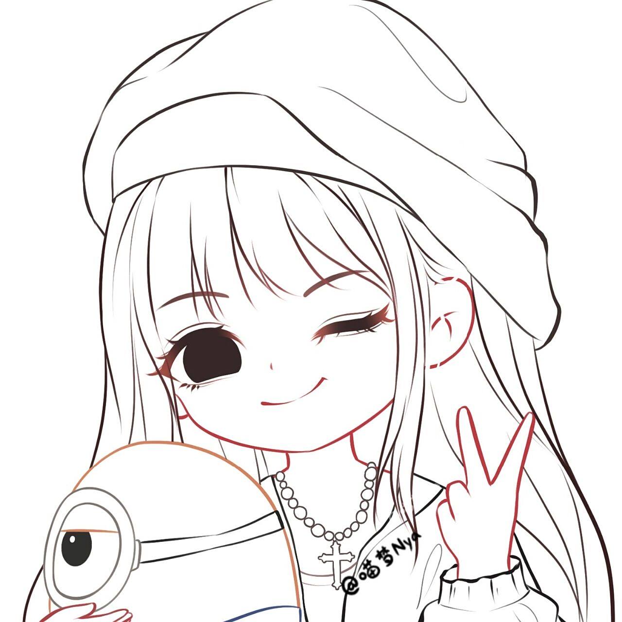 q版卡通可爱头像|甜酷女生(附绘画过程) 图2空白背景 图3线稿,图4铺