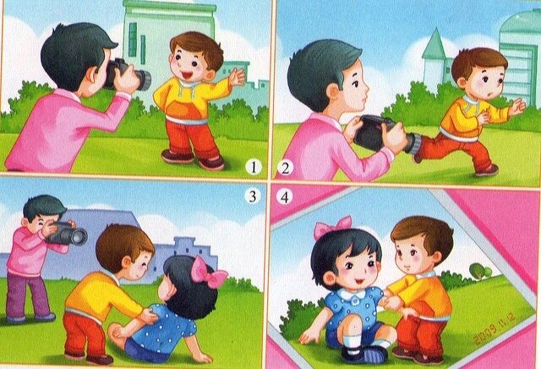 看图写话 美好的瞬间 一个阳光明媚的星期天,小明和爸爸去公园里拍