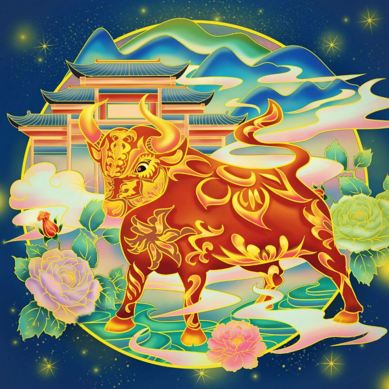 国潮金牛插画 应粉丝要求,将这张国潮金牛插画附上,愿者保存,感谢支持