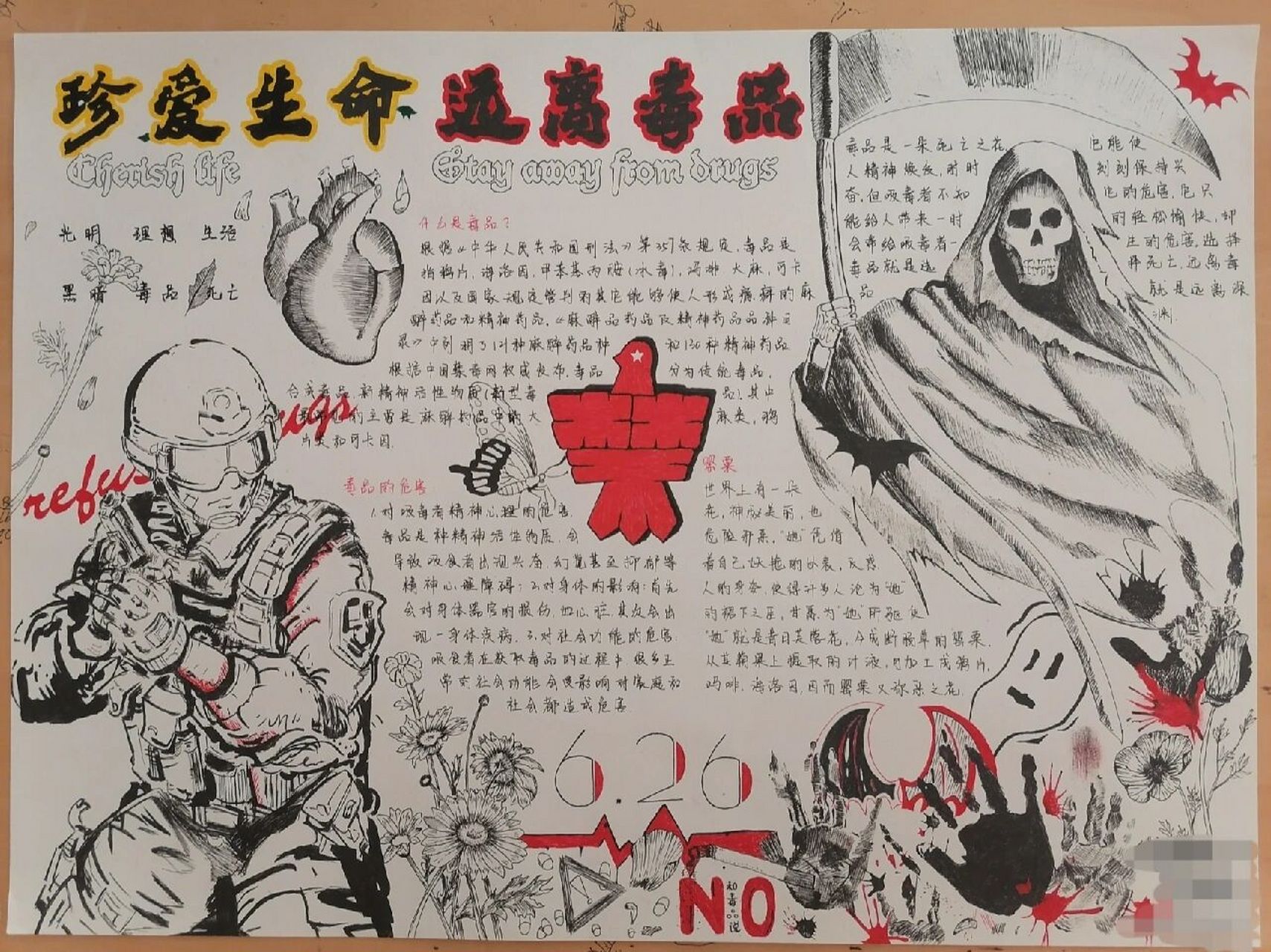 禁毒手抄报 五天,中性笔 第一次用中性笔画画,还挺成功
