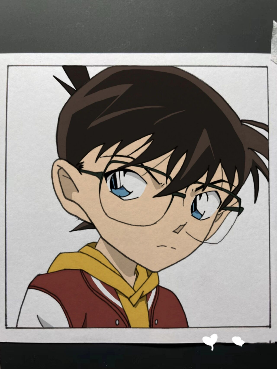 手绘|柯南 「附线稿过程」   可可爱爱小柯南来啦 纸:荷兰白卡纸 边框