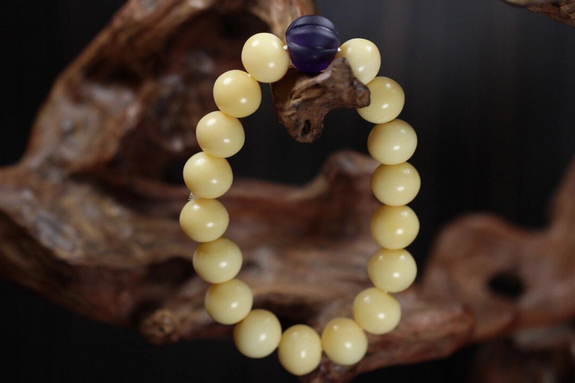 深海抹香手串,抹香是牙中最润,极致牙心料,搭配紫水晶瓜珠,尺寸:13mm