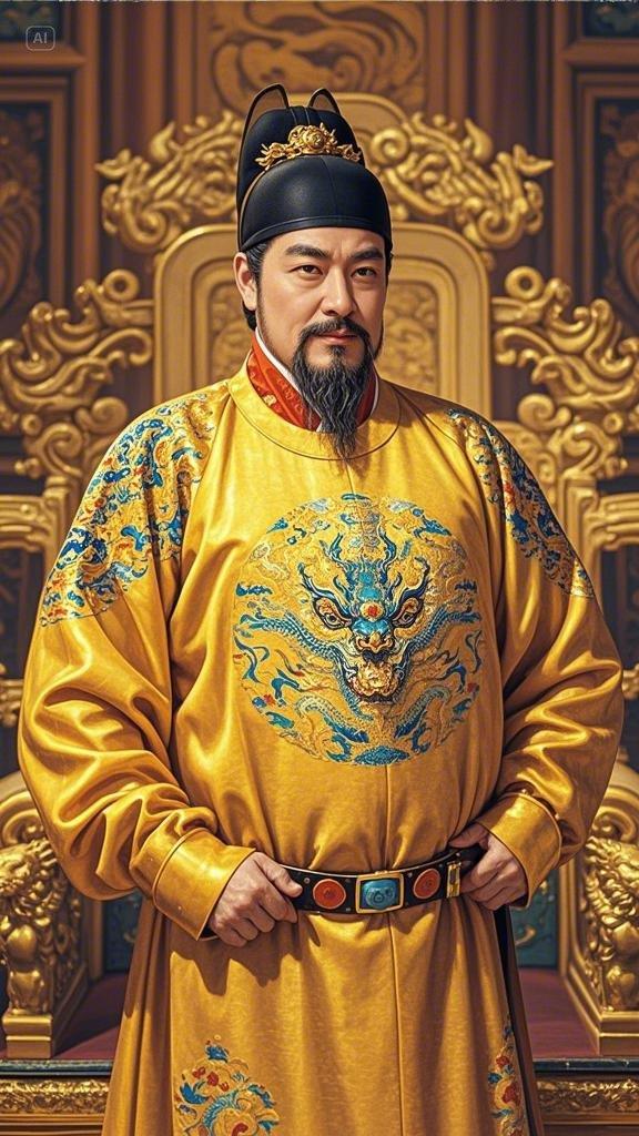 唐太宗李世民,头戴翼善冠翼善朝下,黑鬓发,淡眉,长胡须,目光有神,身着