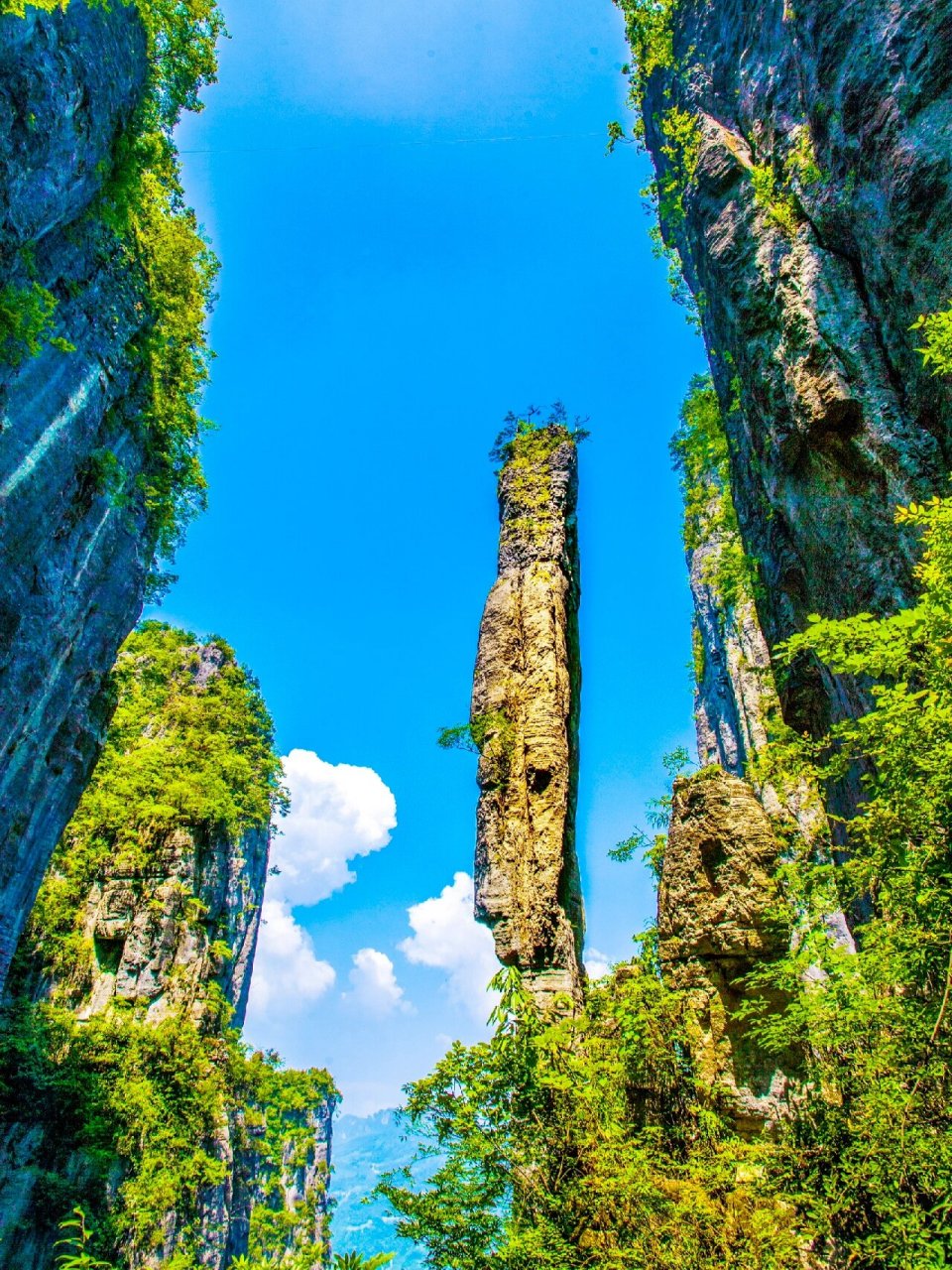 恩施大峡谷一柱香 悬崖边上的一柱香,在湛蓝的天空衬托下格外醒目.