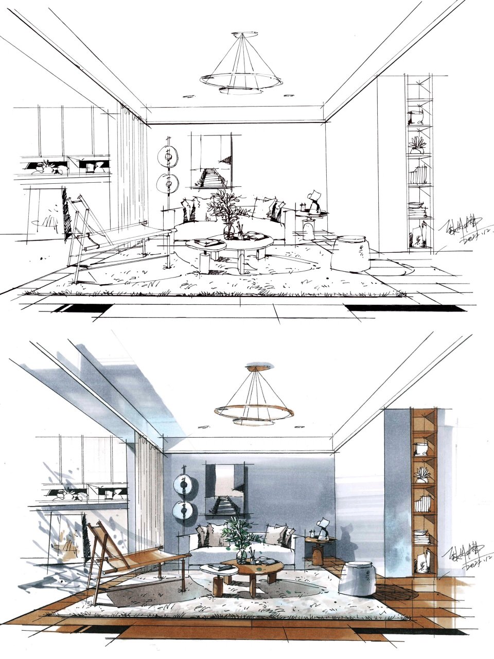 室内手绘效果图写生|客厅🛋️ 风格:现代 一点透视 喜欢的记得点