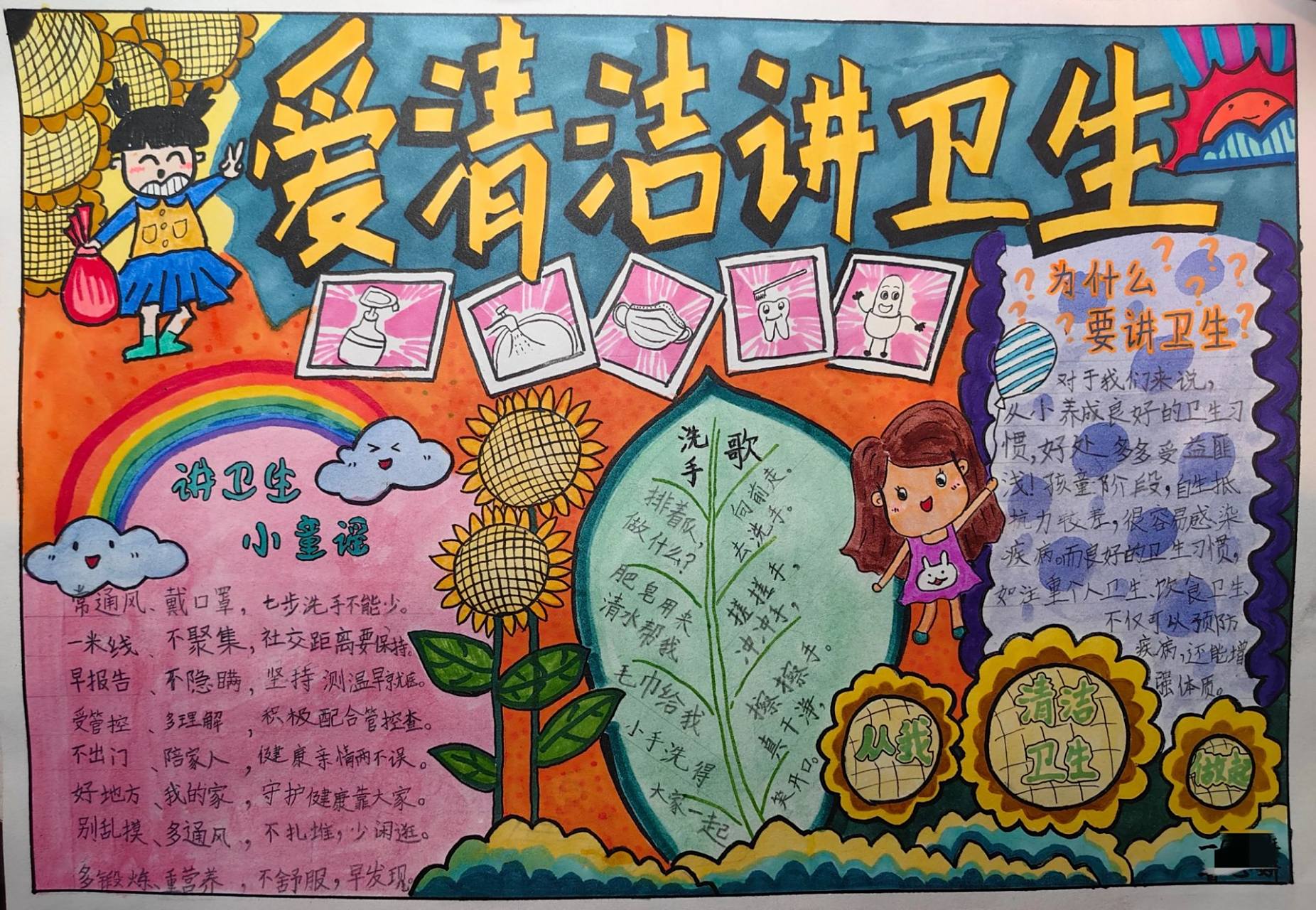 爱清洁讲卫生手抄报 我打底稿,孩子涂颜色,写字