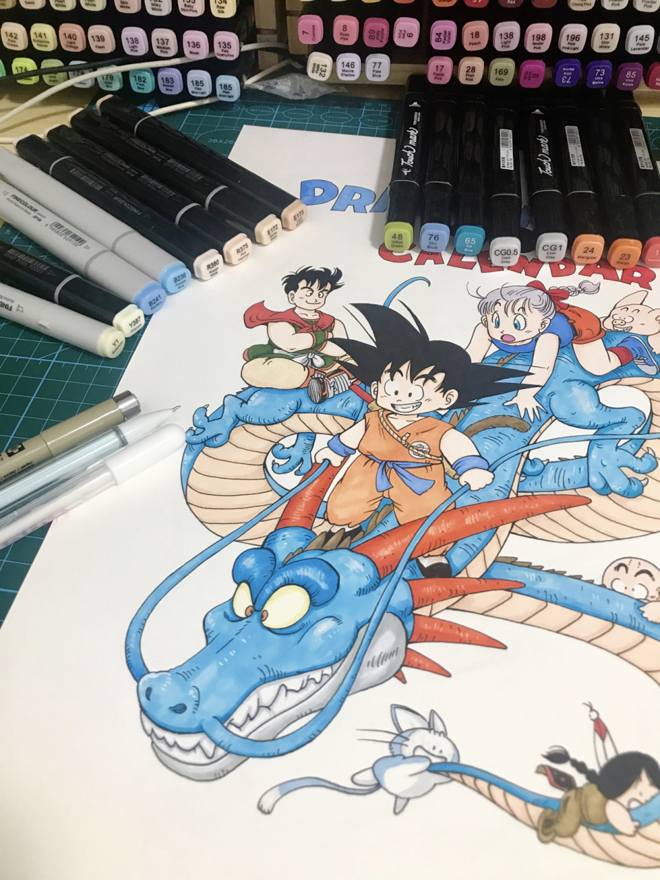 七龙珠全家福小悟空神龙手绘(过程) 1987初代神龙小悟空,马克笔手绘