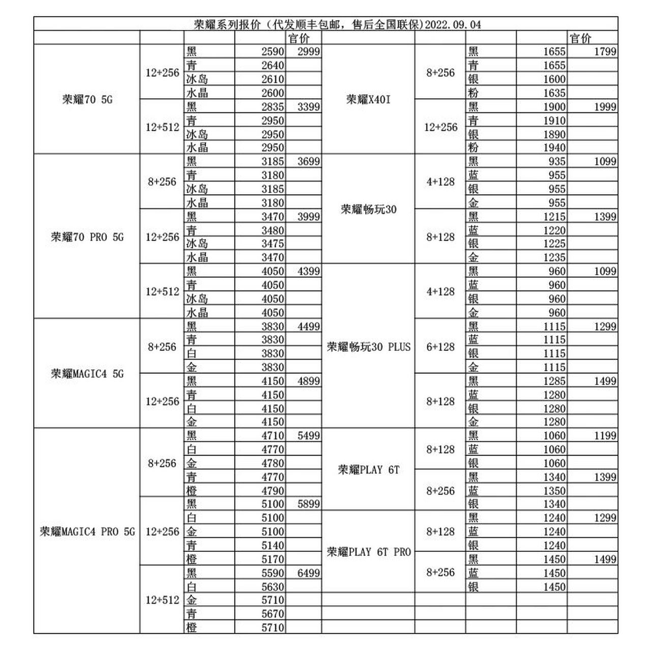 华为荣耀手机报价表 全新华为荣耀手机一件顺丰代发欢迎咨询全国联保