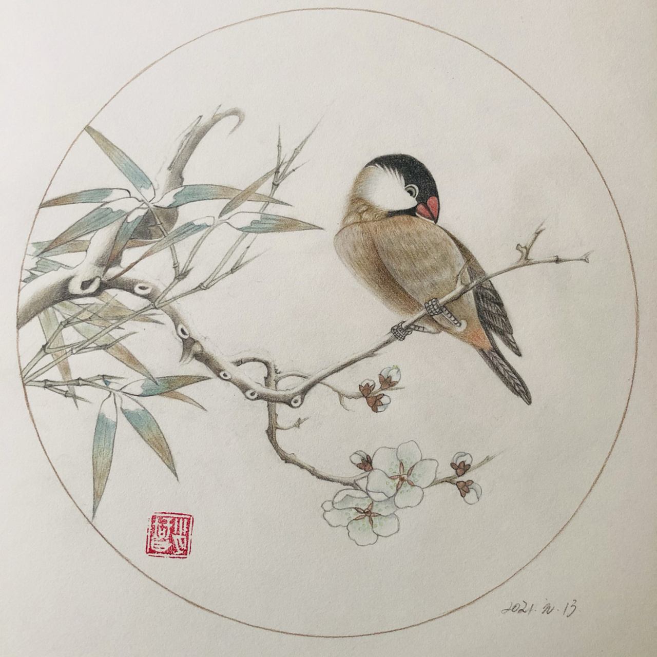 编号452(临于北京东亚奥北),宋画小品《梅竹寒禽图》用的是圆型构图