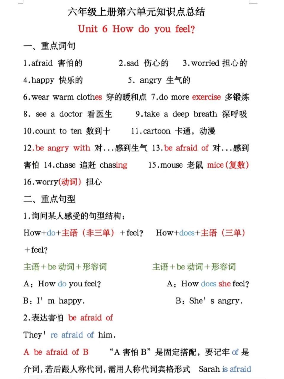 小学英语六年级上册六单元知识点总结 小学英语六年级上册六单元知识
