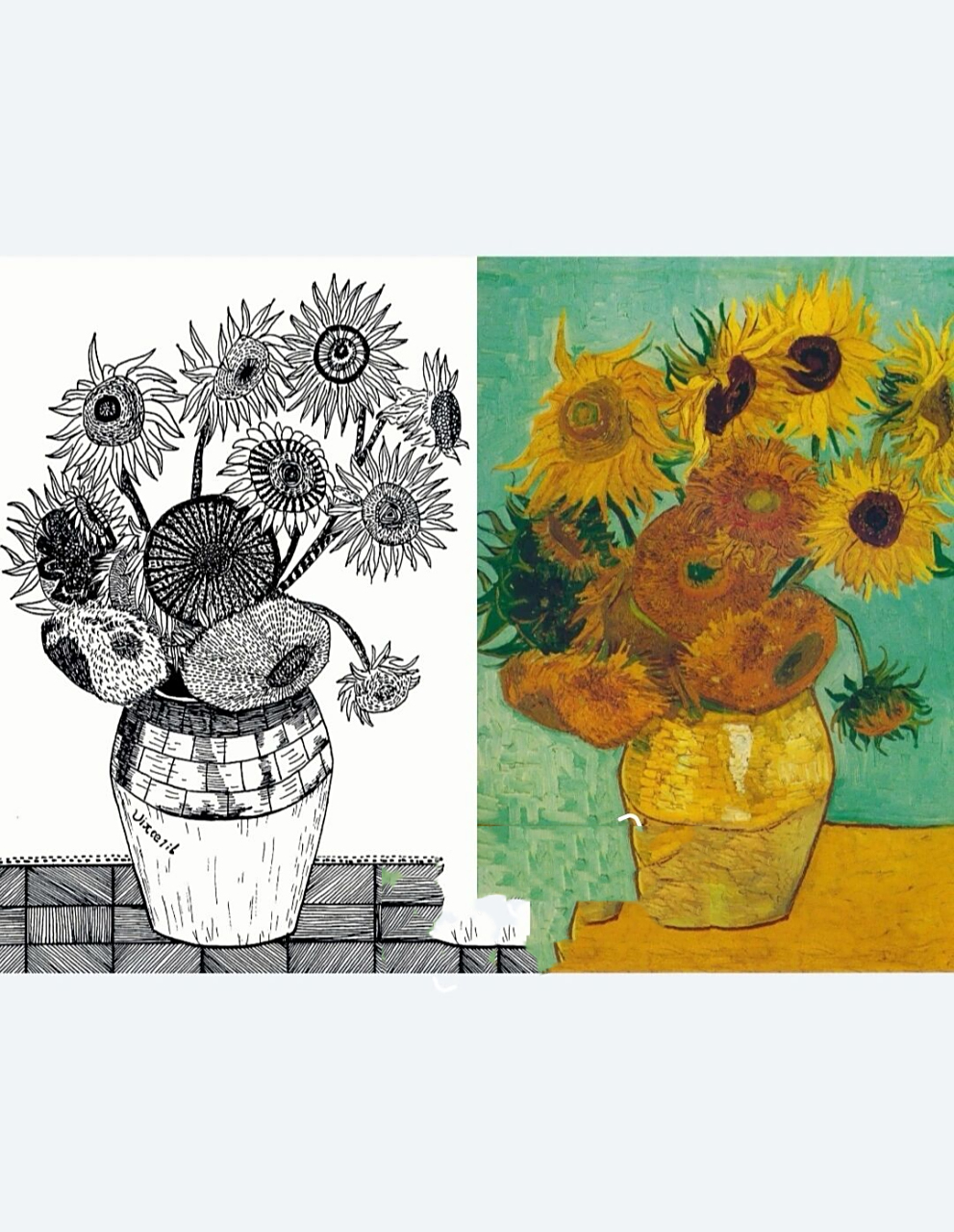 名画绘画–梵高向日葵(有课件步骤) 适合7-9岁 先用铅笔勾勒出位置.