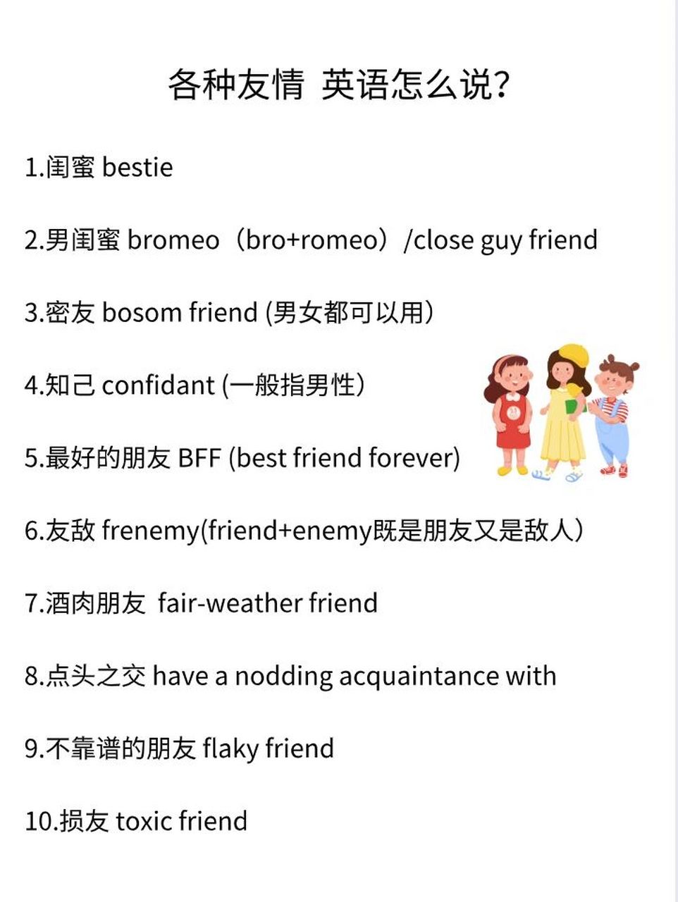 各种友情 英语怎么说 闺蜜知己损友…亲密,不熟,水火不容的关系英语