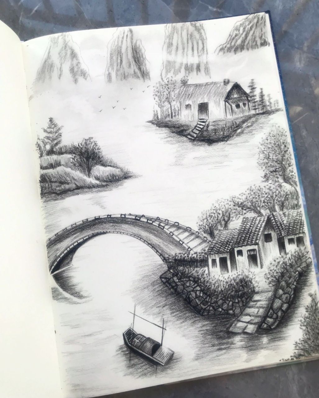 铅笔画 | 山水   山高水阔,不止思念