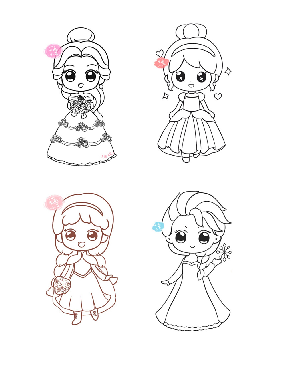 卡通公主 简笔画线稿 萌萌迪士尼卡通公主 五位迪士尼卡通公主 原创