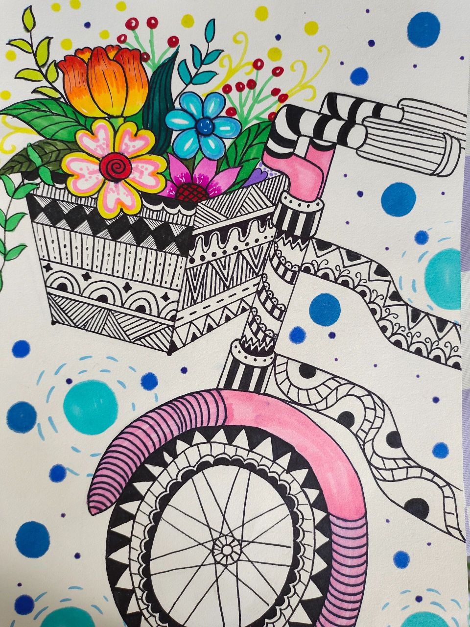 线描手绘《装满鲜花的自行车》 创意线描儿童画