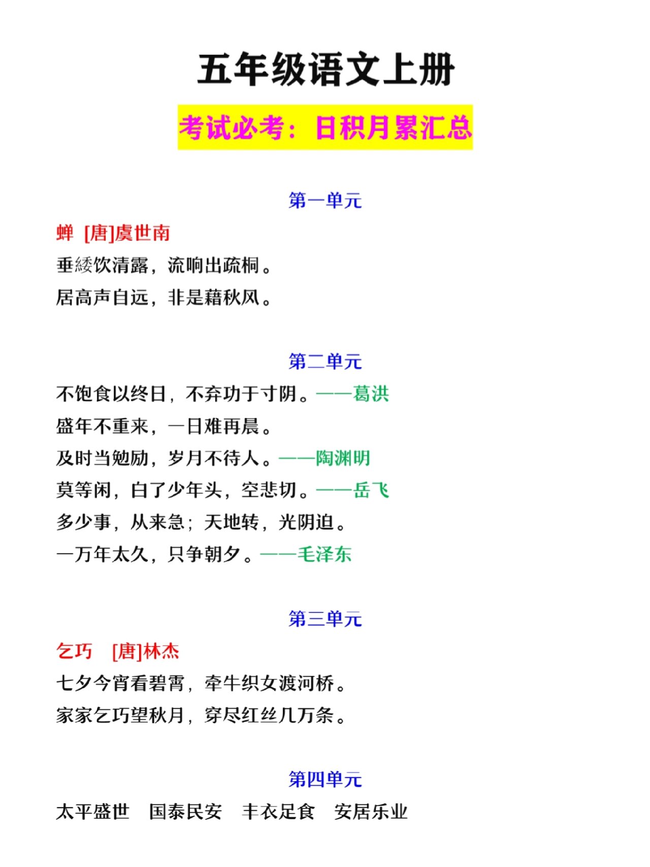 五年级语文上册日积月累必考知识点