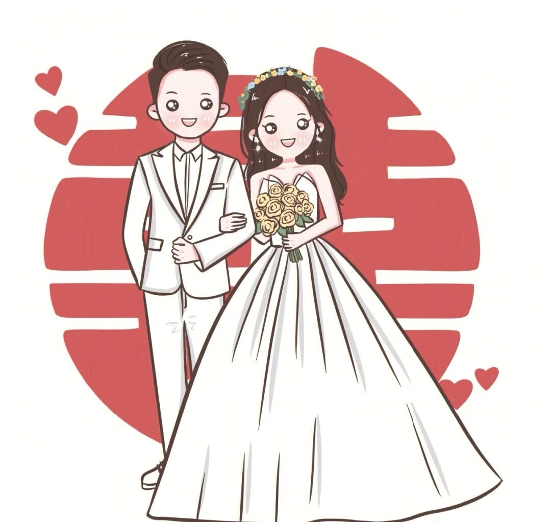 q版手绘婚礼新郎新娘卡通形象,可可爱爱