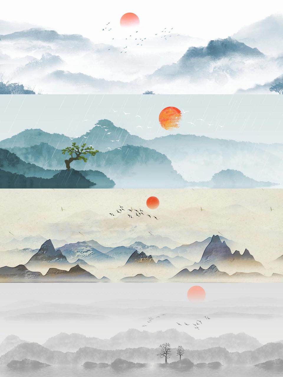 今天就和大家非常一组优质的水墨古风山水画～ 	 可以用来做海报模板