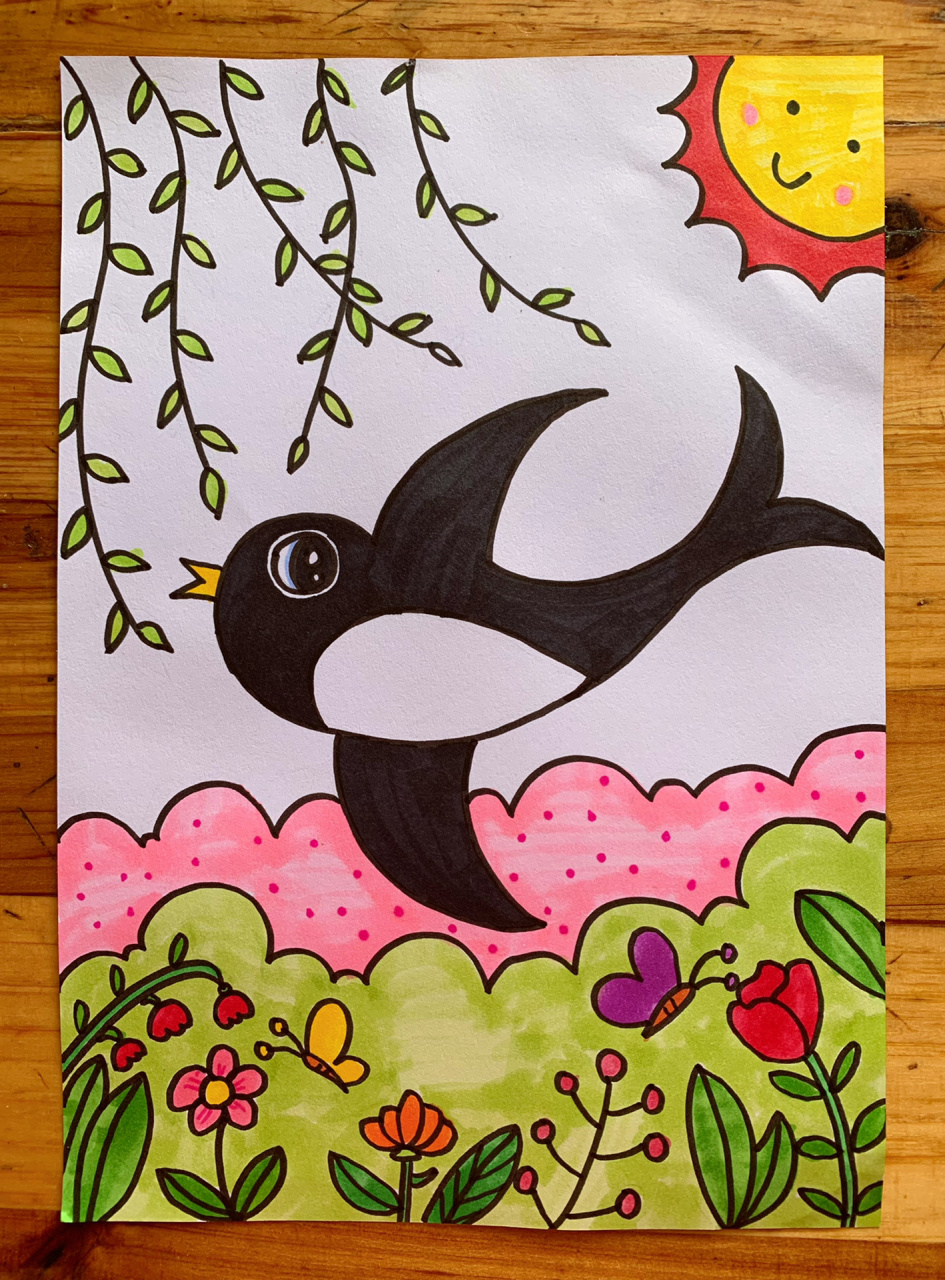 儿童美术96是个3-6岁宝贝的简笔画,主题《春天》作品:小燕子/马克笔