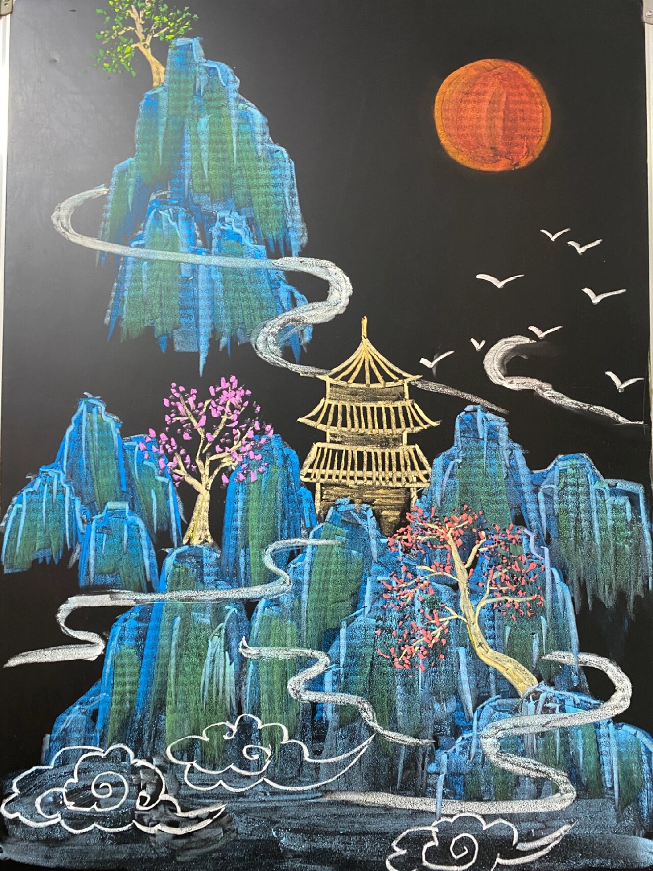 山水风景粉笔画 黑板报素材