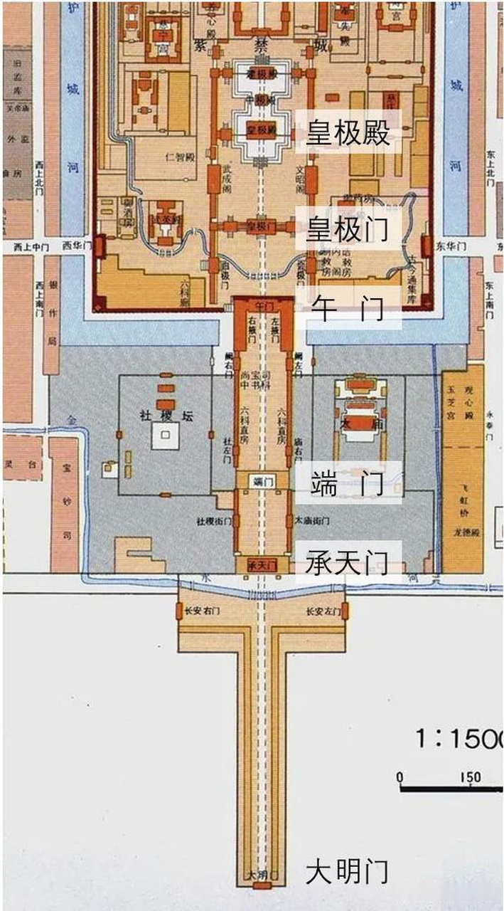 明朝时期,北京皇城从正阳门到宫城内部的皇极殿之间约1700米,沿轴线