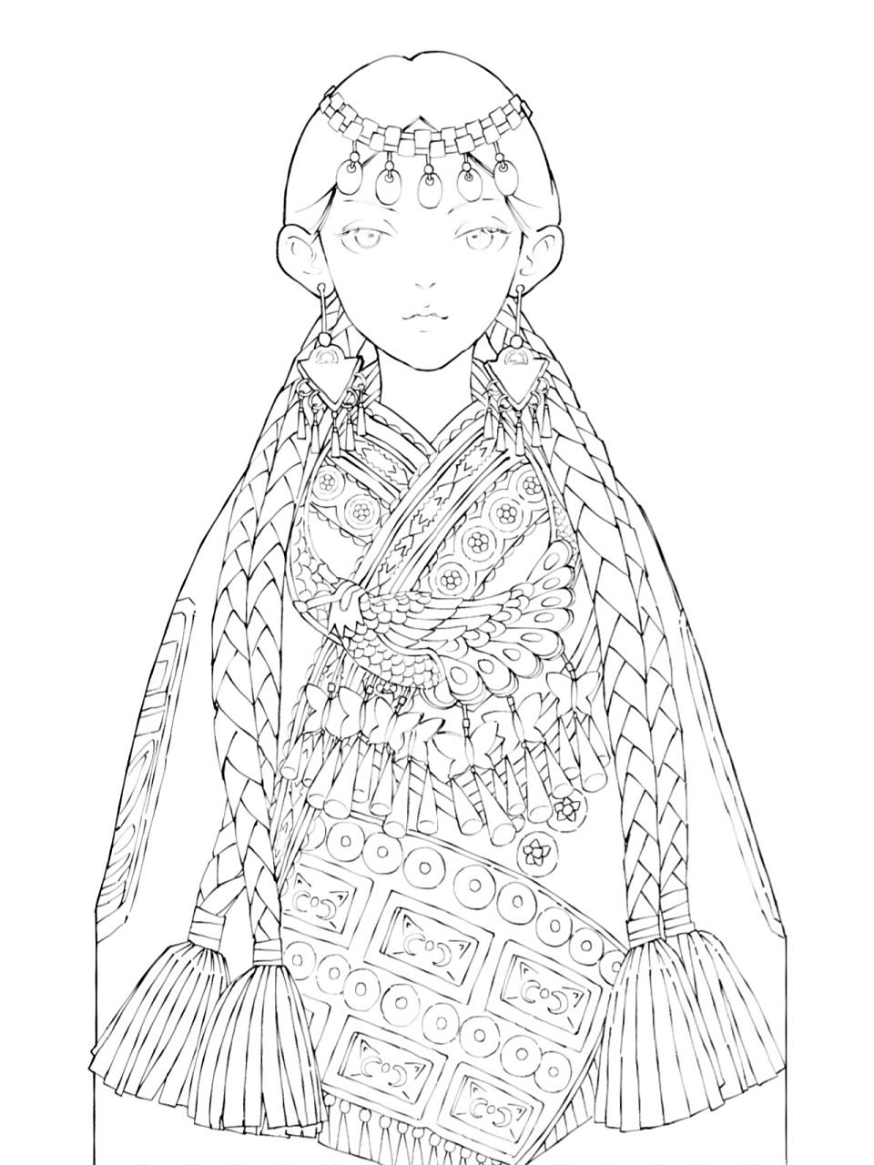 (民族风情插画)苗族女孩 好喜欢苗族的服饰哦!忍不住摸一张半身的!