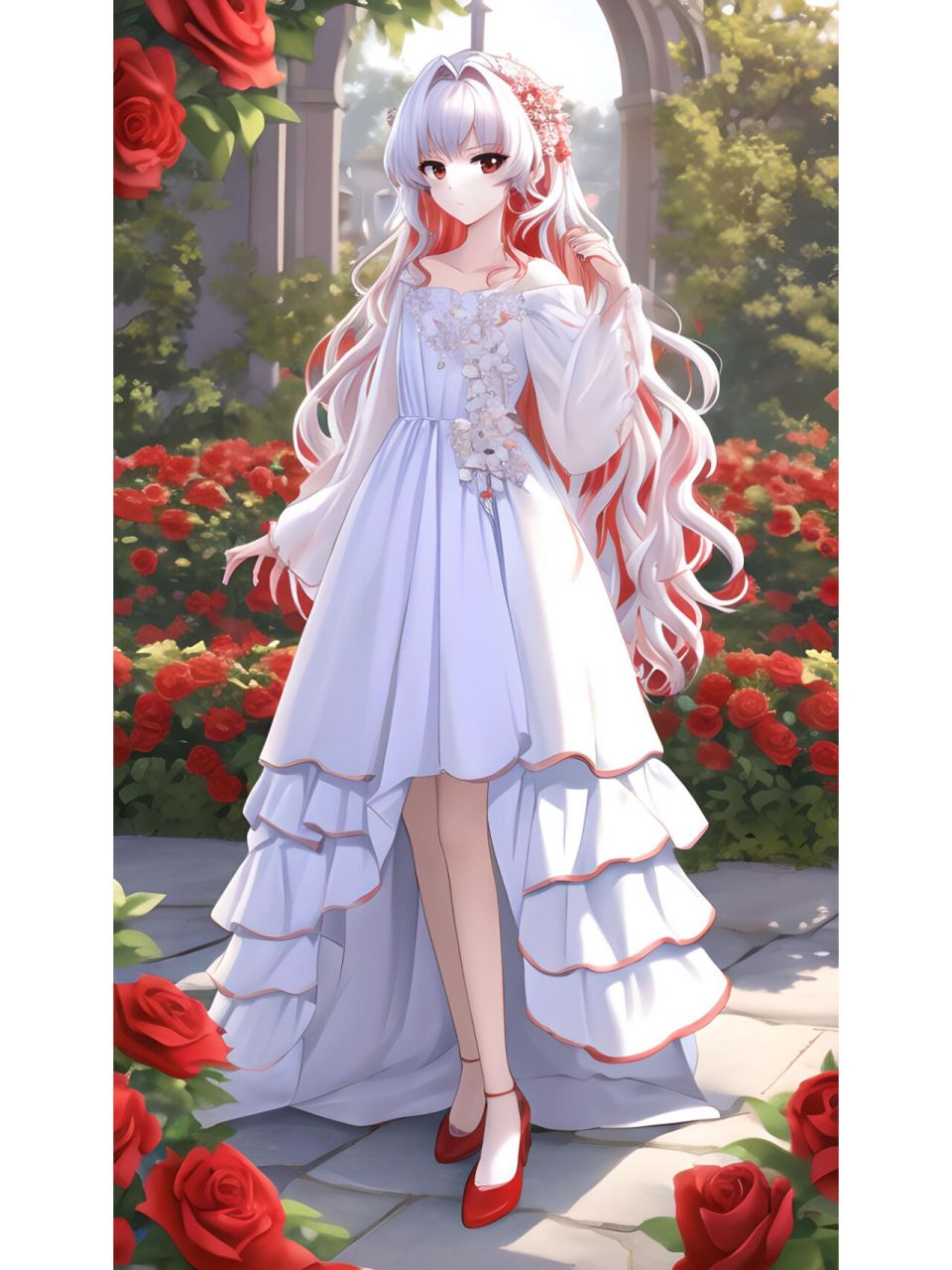 玫瑰花丛中的长裙女孩,动漫二次元绘画