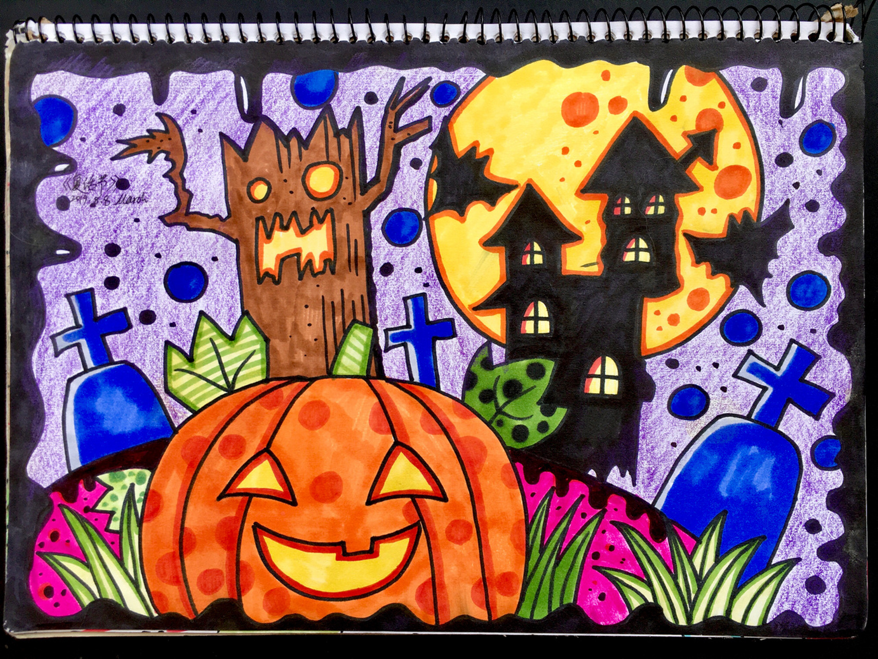 【万圣节历险97】马克笔儿童画手绘创意画卡 部分作品含线稿图(画的