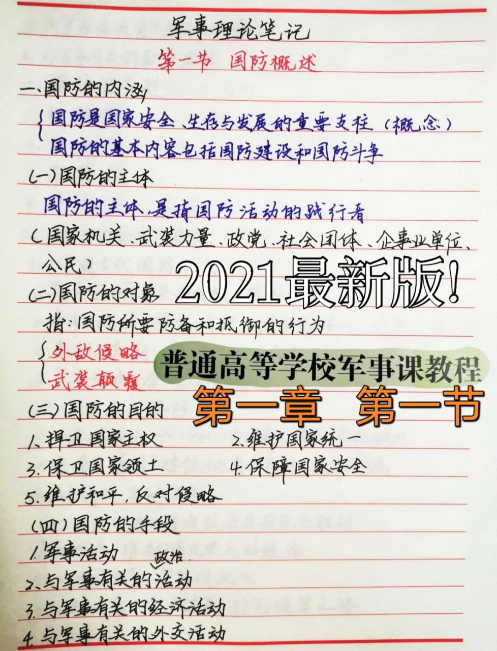 军事理论课笔记 第一章第一节! 新买的钢笔用着还不太顺手哈
