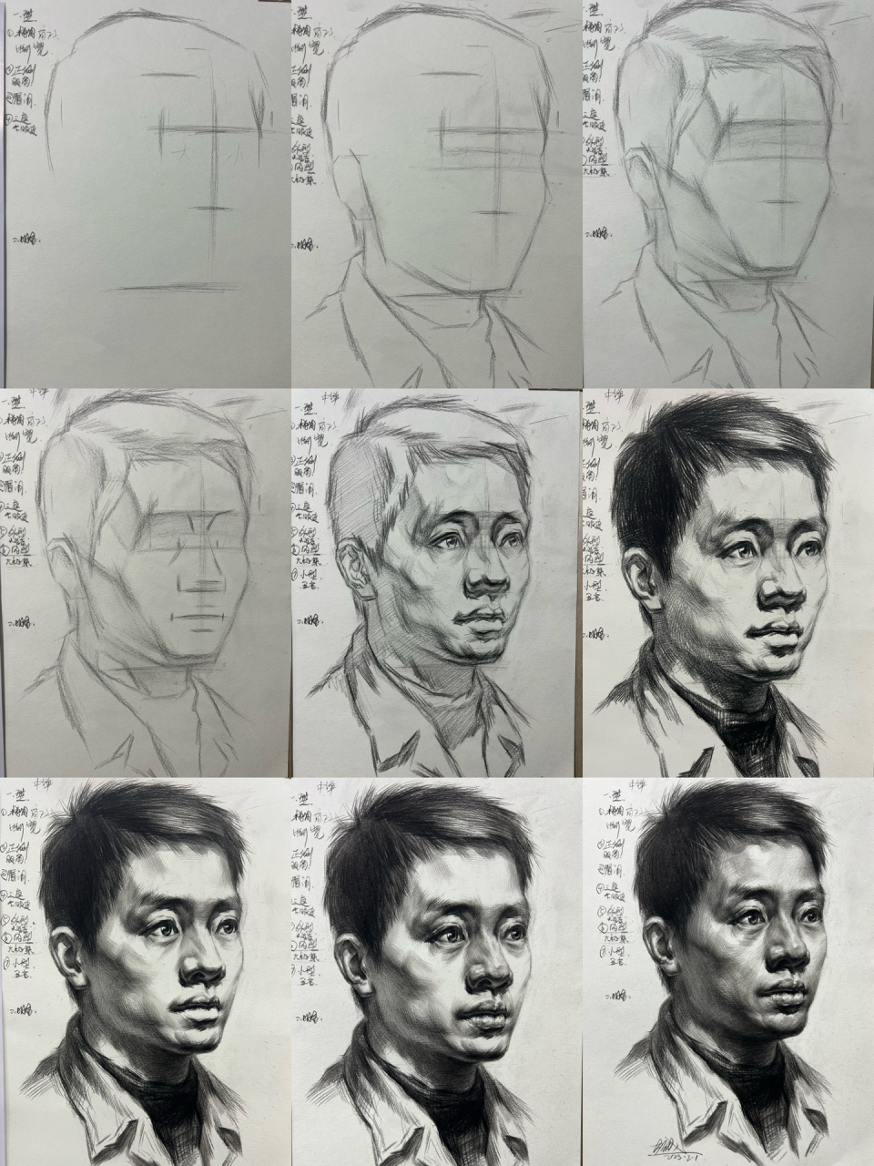 素描头像四分之三男青年作画步骤详解,四分之三角度是应试素描头像里
