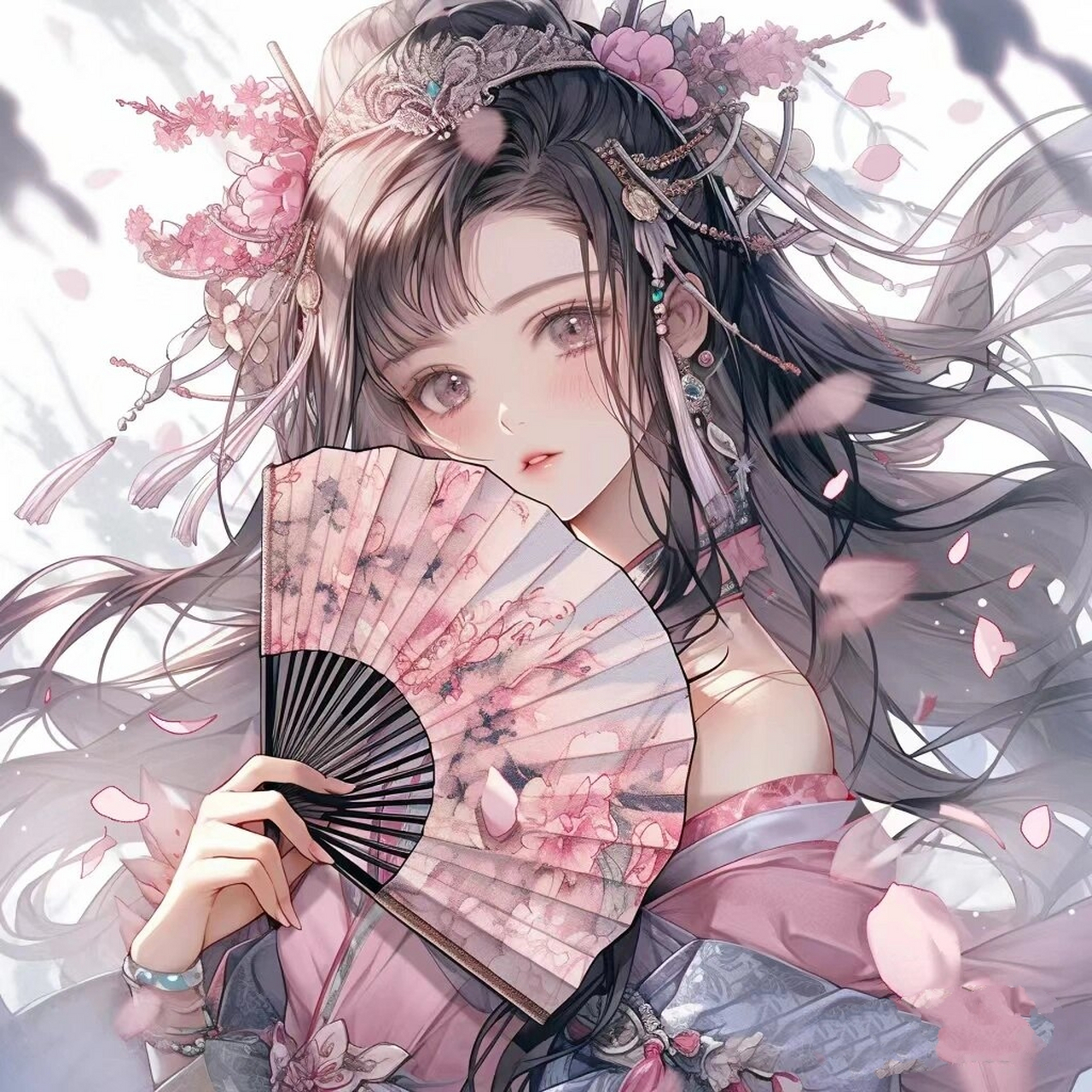 粉色古风拿扇女孩头像