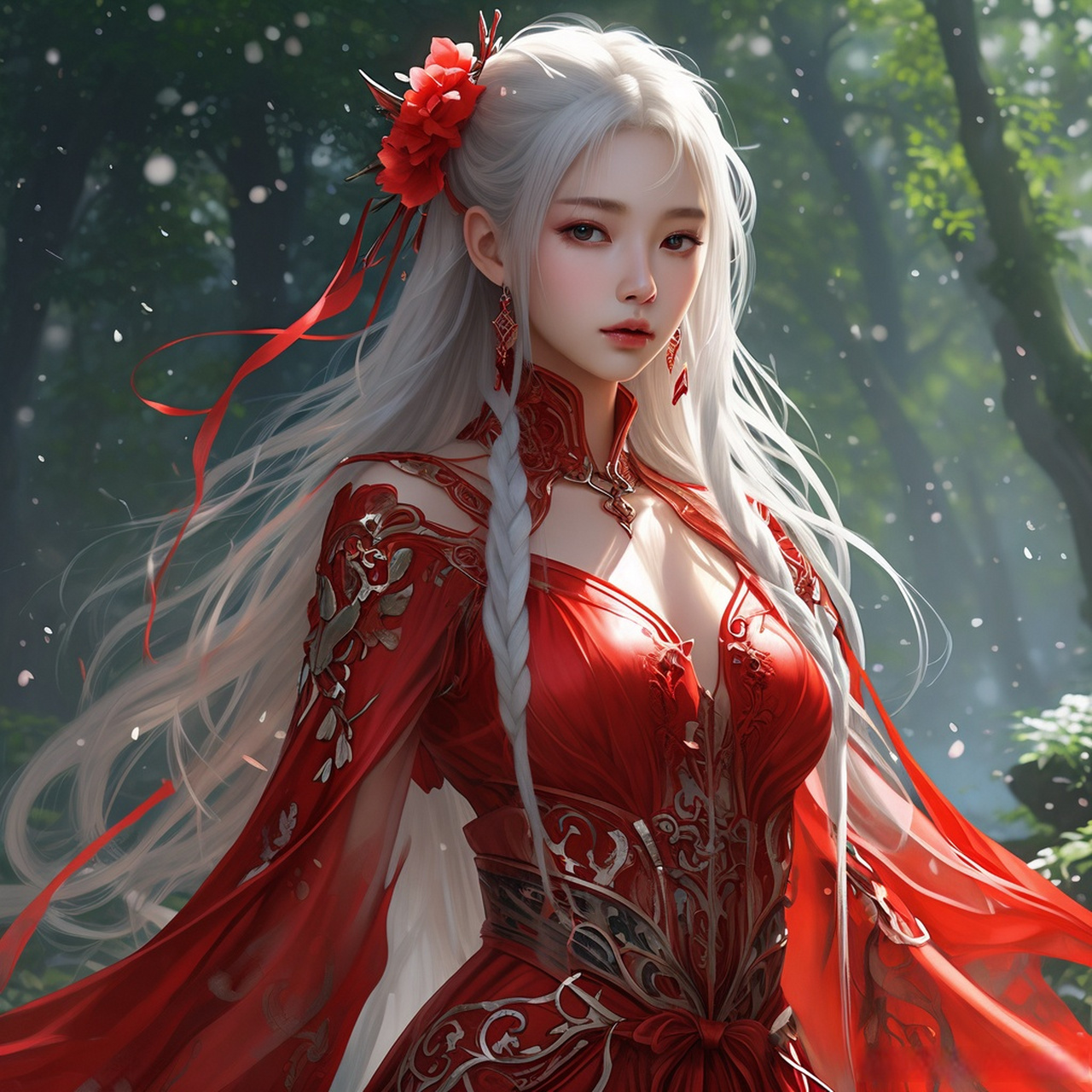 白发魔女,红衣飘飘,长发如瀑,倾泻至腰际,妖艳而神秘.