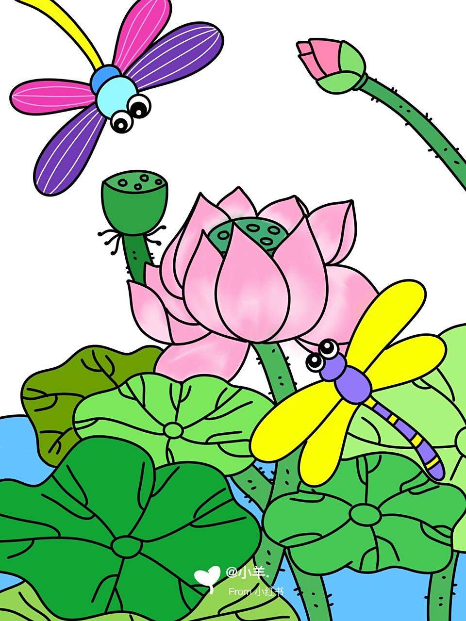 荷花儿童画 荷塘 儿童创意画 带线稿 #创意美术儿童画# #简笔画教程