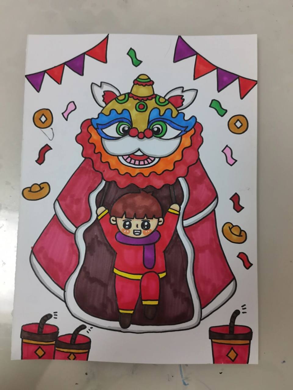 新年主题儿童画 男孩舞狮图 a5尺寸, 马克笔绘制,有线稿图#儿童主题画