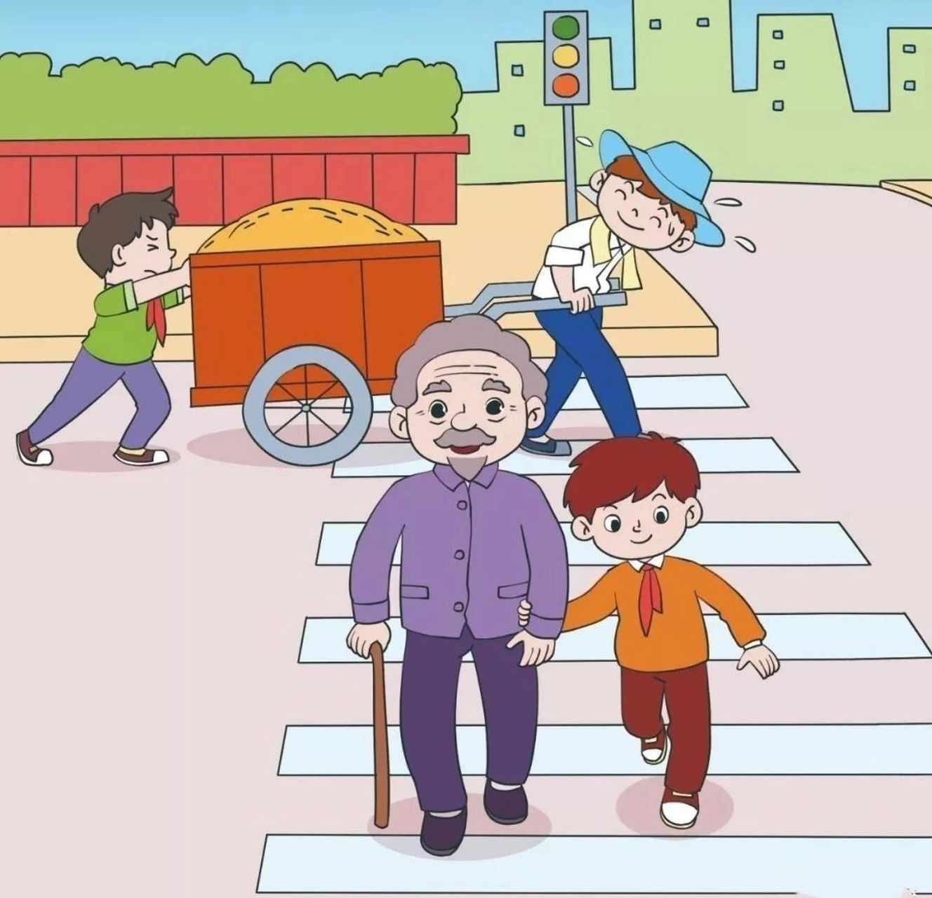 绿灯亮了,小明和小刚准备过马路.突然发现一位白发苍苍的老爷爷.