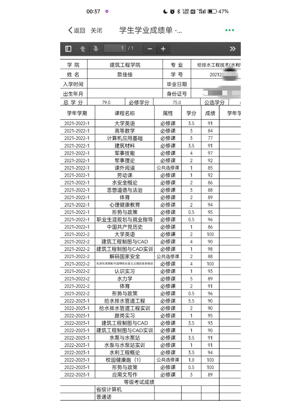 大学成绩单模板图片