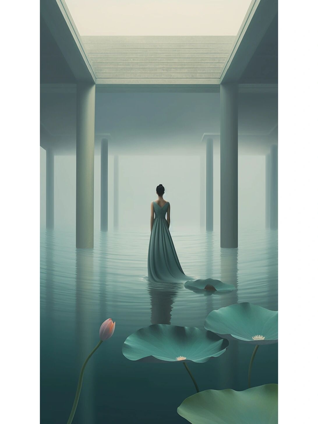 荷塘孤影 东方美影抚荷翠, 空灵背影禅心醉.