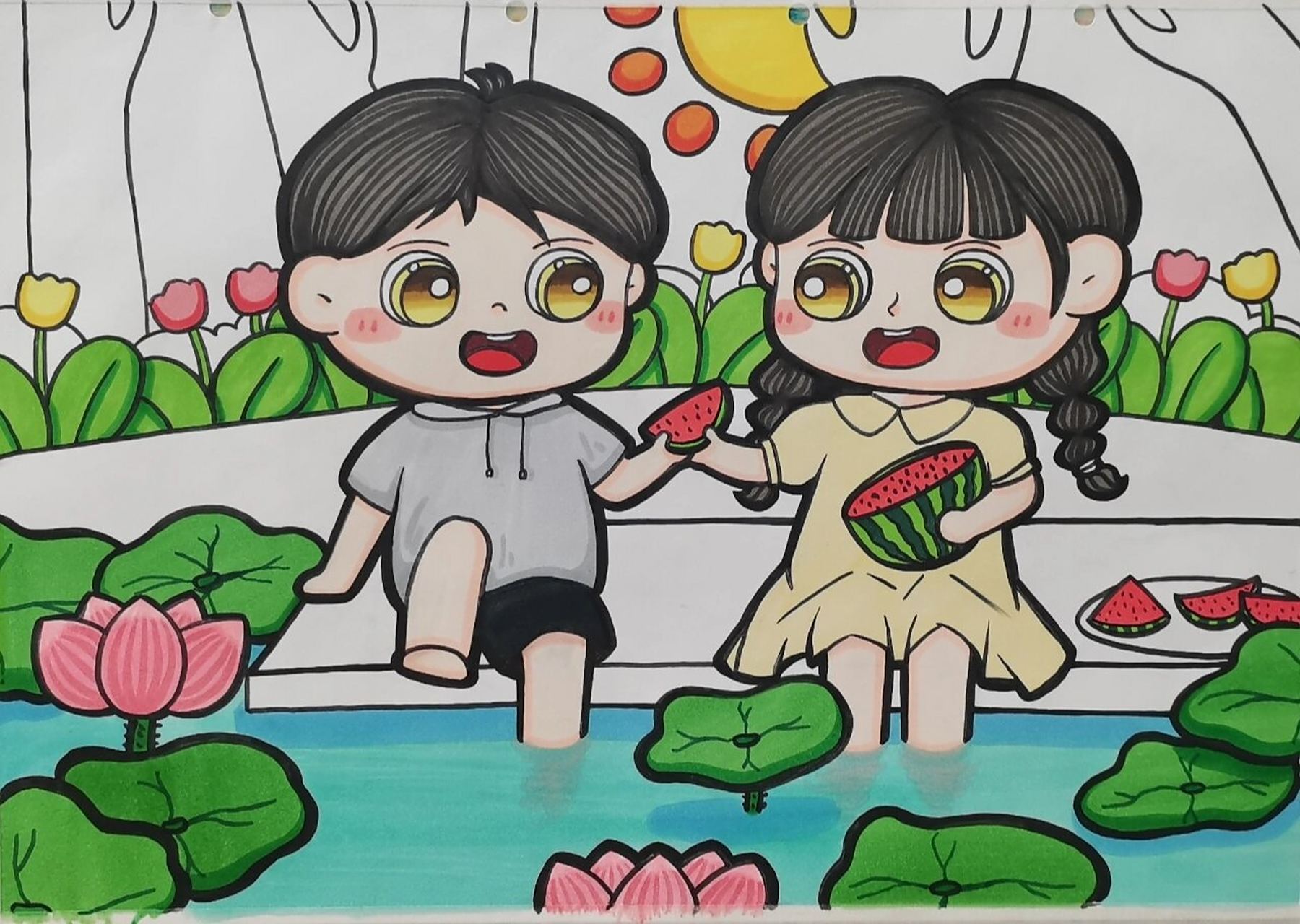 儿童画《夏天》/万能户外场景《野餐》 p2算是一个线稿吧hhh 然后是